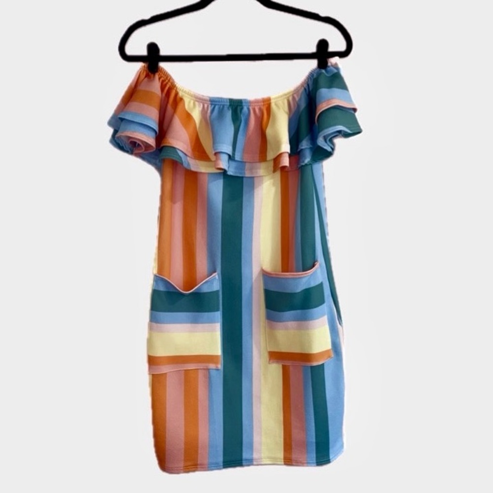 Boohoo Amelie Pastel Stripe Off Shoulder Rainbow with Front Pockets, Size 4